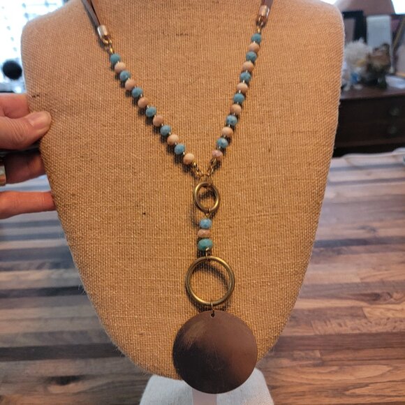 Y Pendant Necklace Blue/White Beads Large Golden Disc Leather Cord - Picture 3 of 14